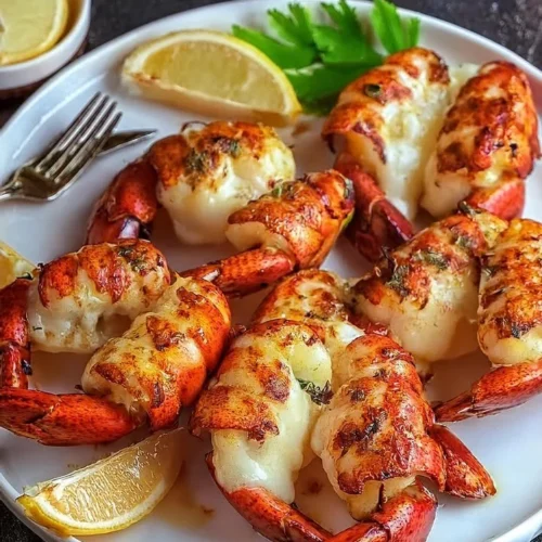 Garlic butter lobster tails served on a plate with herbs