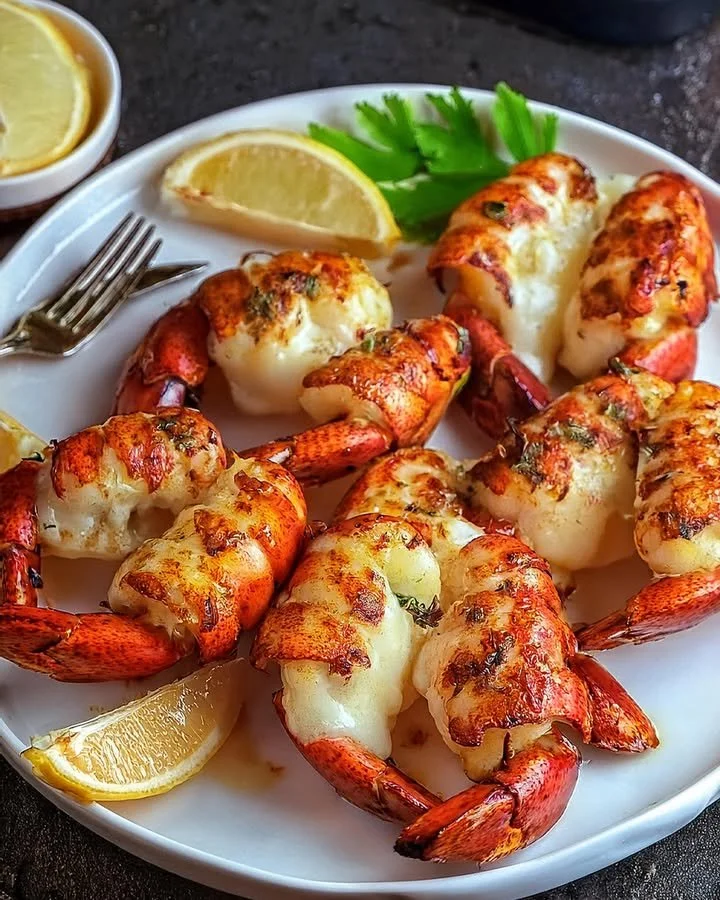 Garlic butter lobster tails served on a plate garnished with herbs