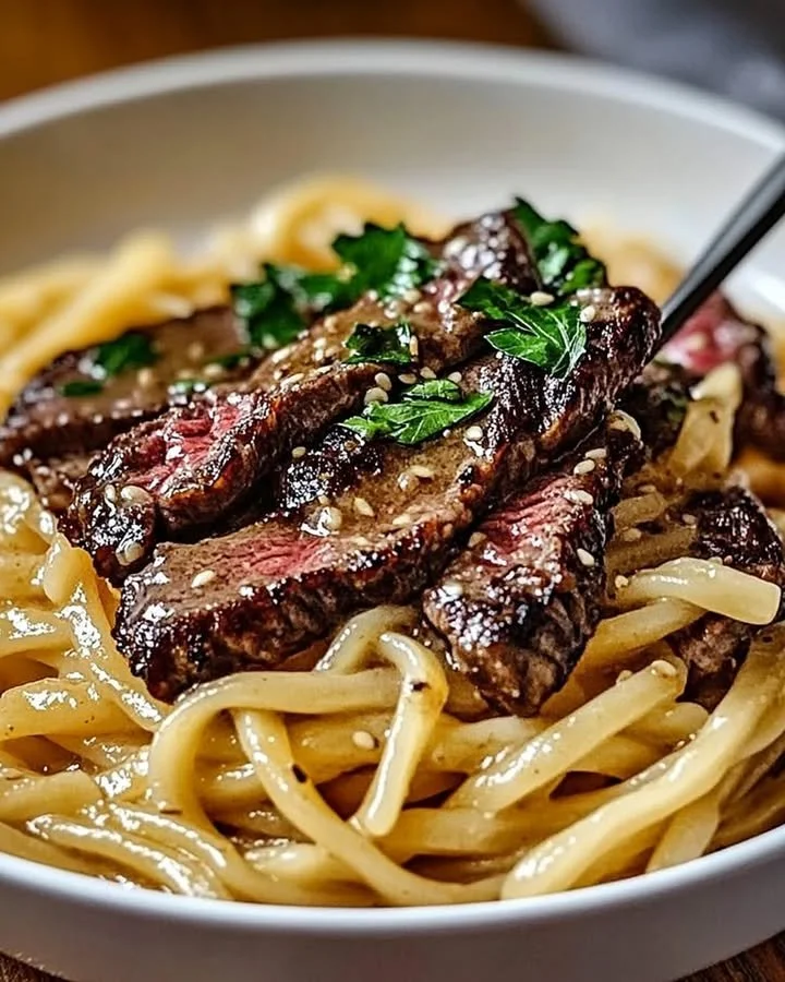 Garlic Butter Steak Lightning Noodles served in a bowl with fresh herbs