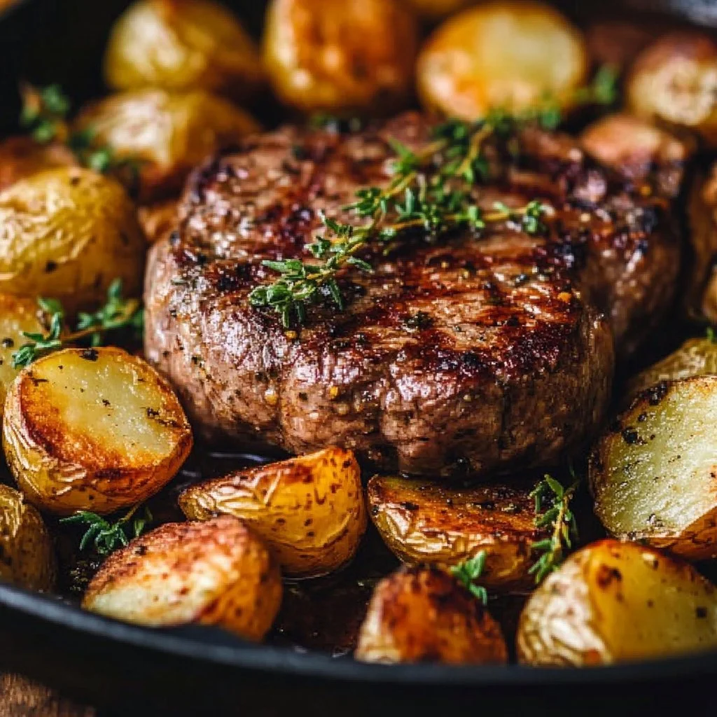 Garlic Herb Steak and Potato Skillet with fresh herbs and spices.
