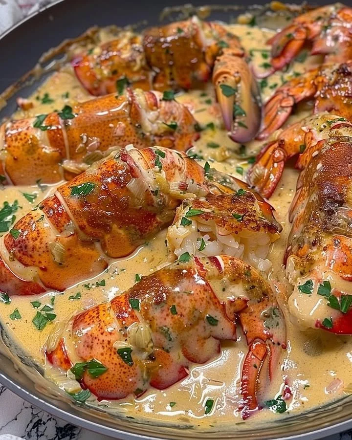 Garlic Parmesan Alfredo Lobster Tails plated elegantly with herbs