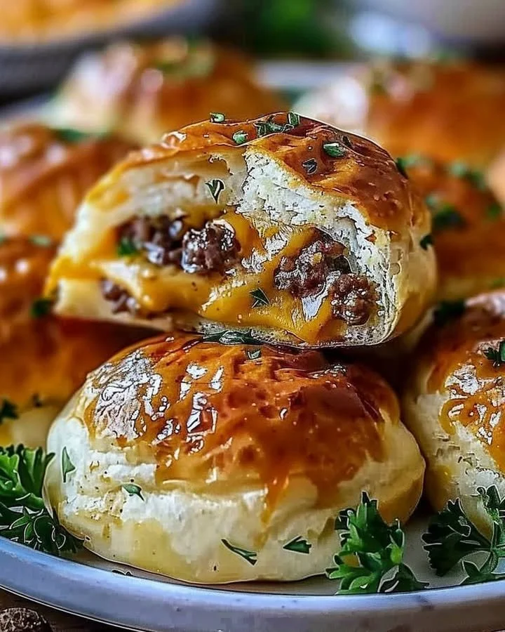 Garlic Parmesan Cheeseburger Bombs served on a rustic plate