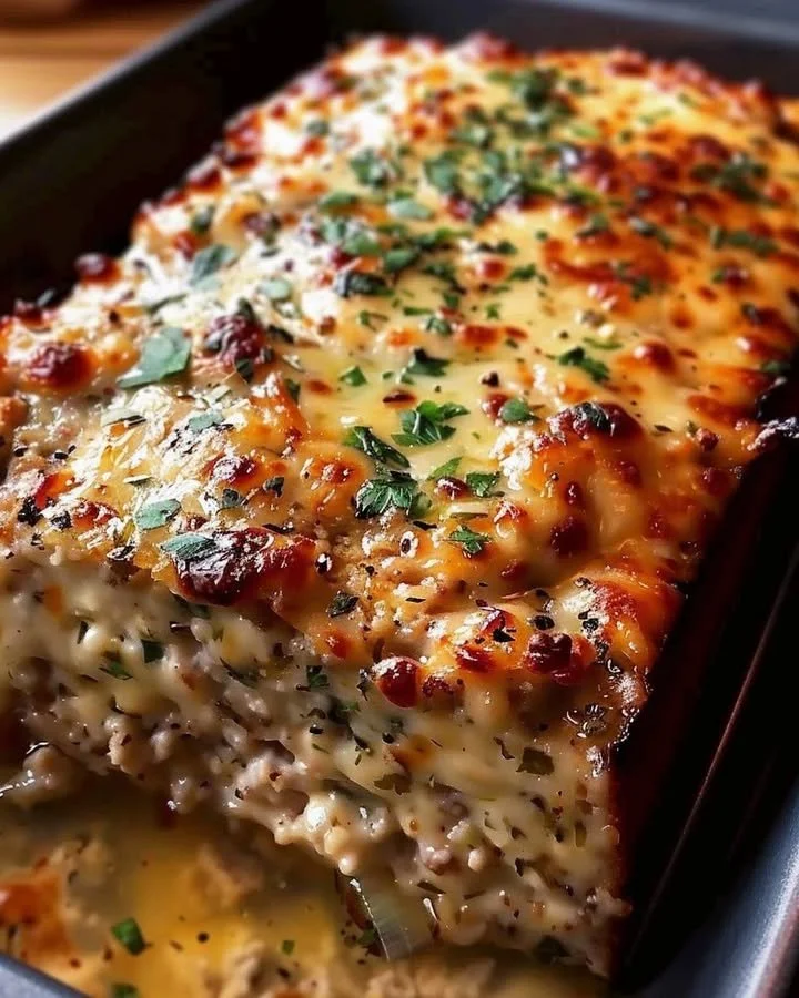 Delicious Garlic Parmesan Chicken Meatloaf served with herbs