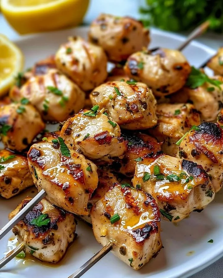 Garlic Parmesan Chicken Skewers served on a platter with fresh herbs
