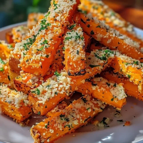 Plate of crispy Garlic Parmesan Sweet Potato sticks garnished with herbs