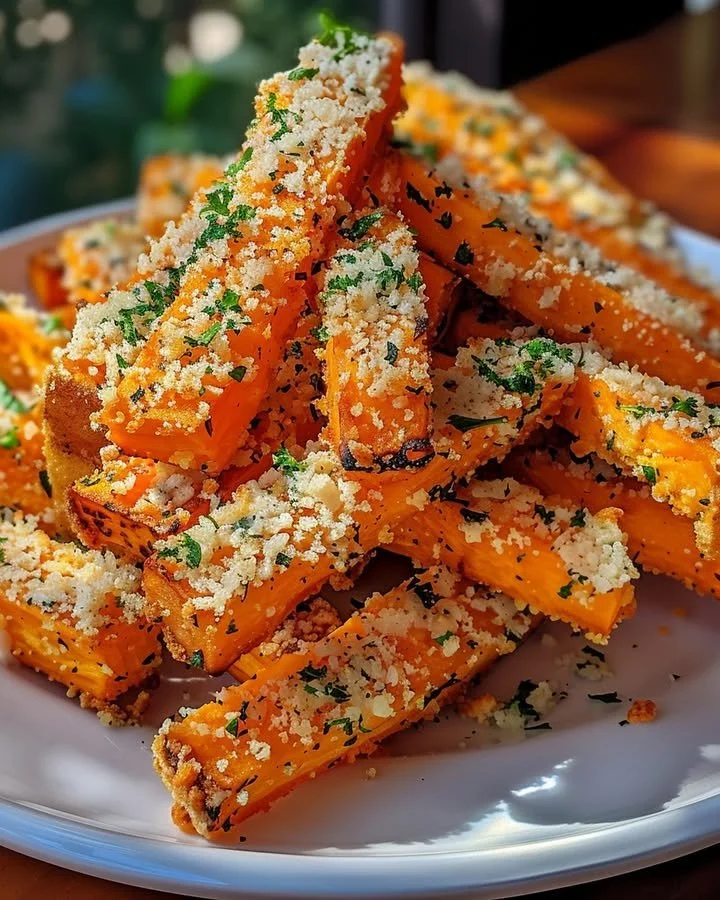 Plate of crispy Garlic Parmesan Sweet Potato sticks garnished with herbs