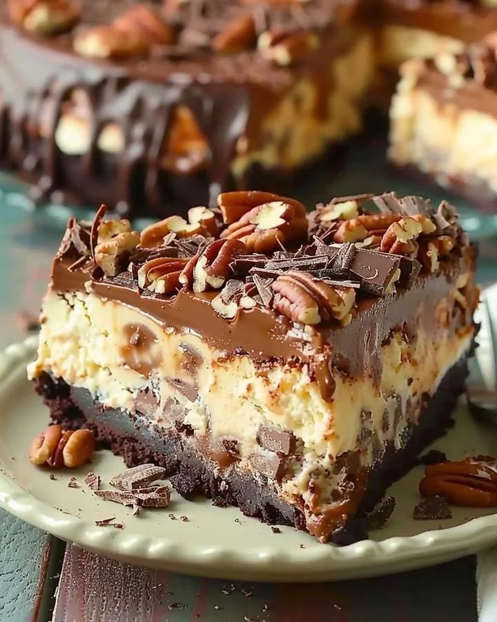 Slice of creamy German Chocolate Cheesecake topped with coconut and pecans