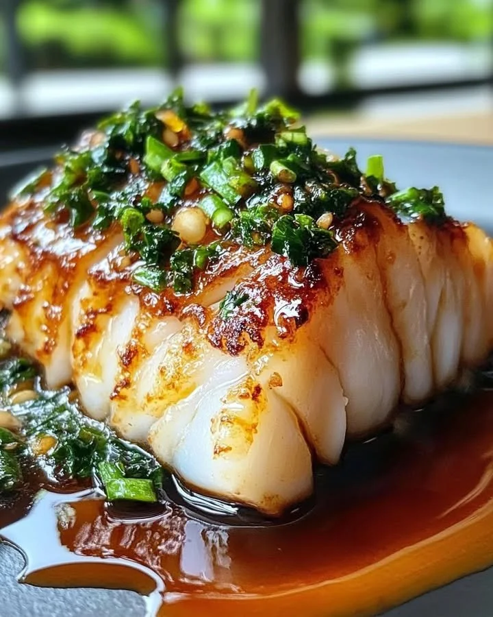Plate of Ginger Soy Glazed Cod garnished with herbs