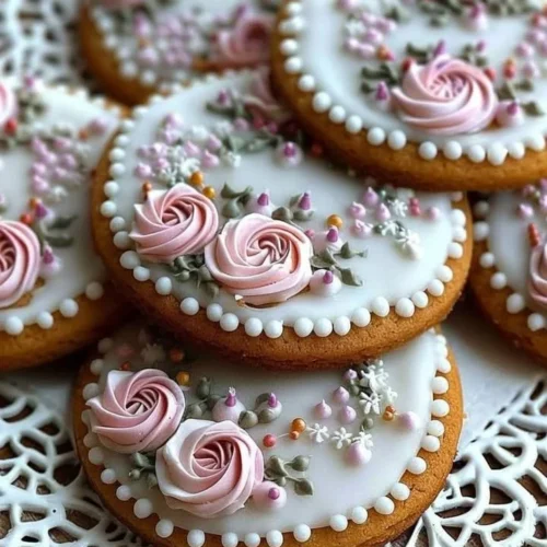 Gingerbread cookies decorated with colorful floral icing.