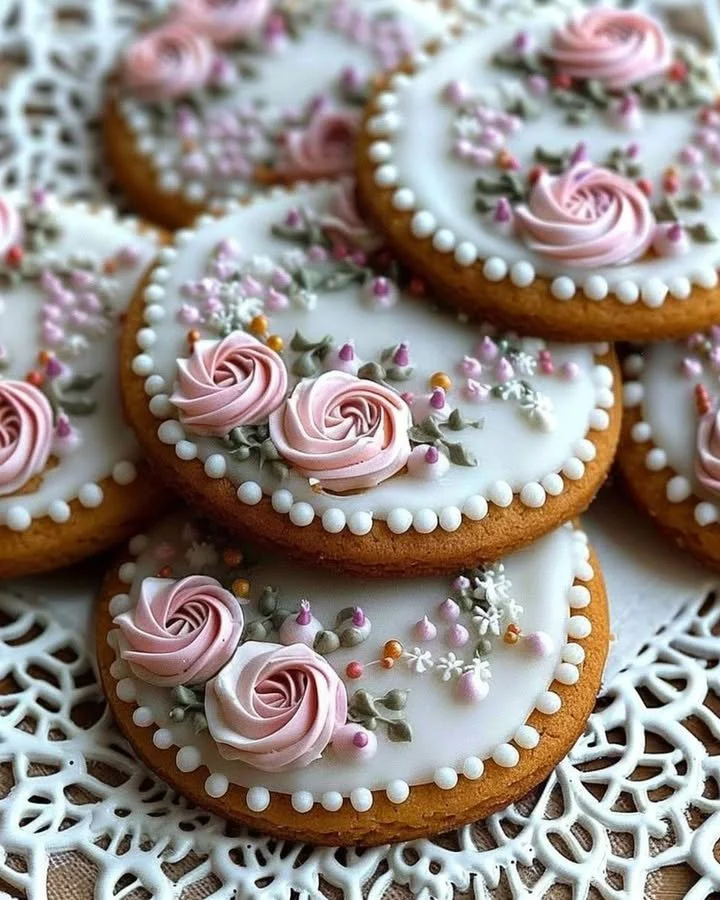 Gingerbread cookies decorated with colorful floral icing.