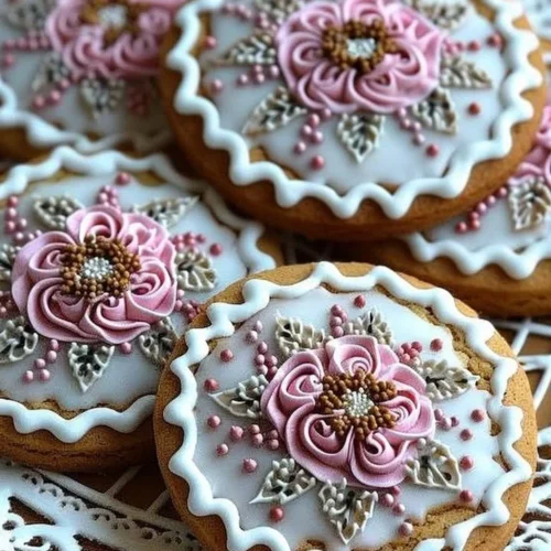 Gingerbread cookies decorated with royal icing on a festive background.