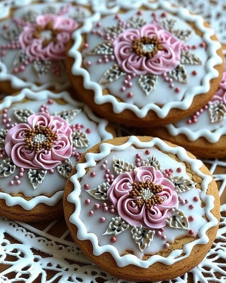 Gingerbread cookies decorated with royal icing on a festive background.