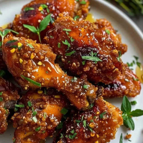 Golden honey-glazed chicken with spicy seasoning, served on a plate.
