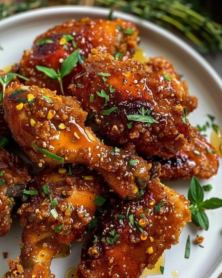 Golden honey-glazed chicken with spicy seasoning, served on a plate.