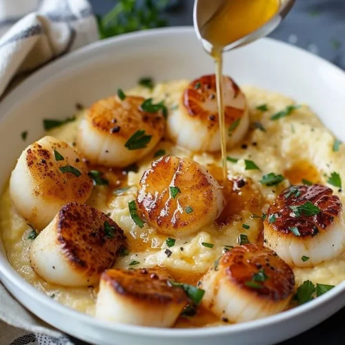 Golden scallops served on silky Parmesan polenta garnished with herbs