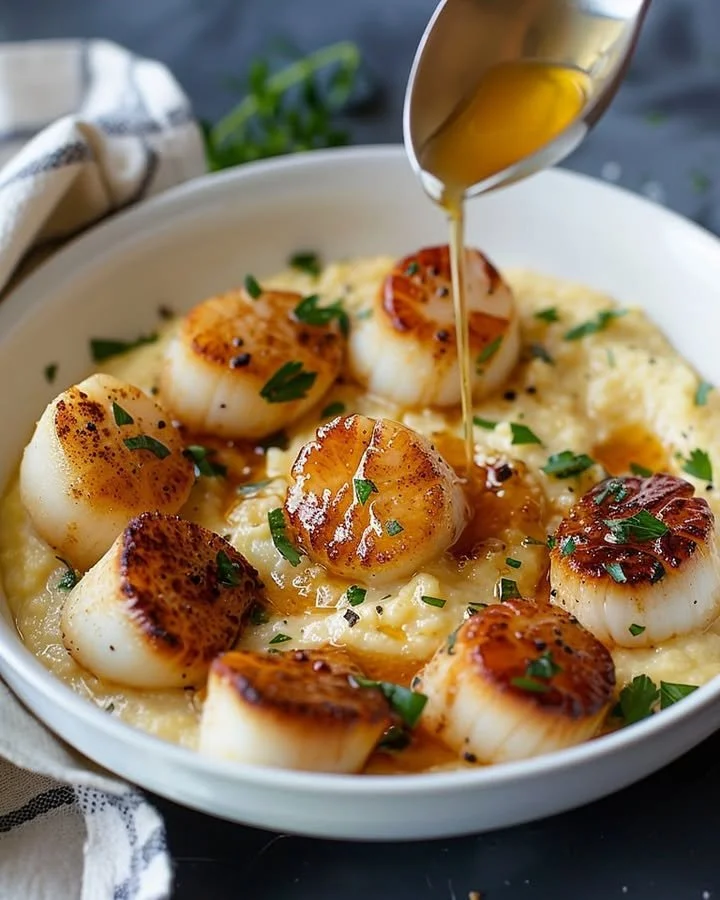 Golden scallops served on silky Parmesan polenta garnished with herbs