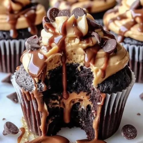 Delicious gooey peanut butter lava cupcakes with melted chocolate center