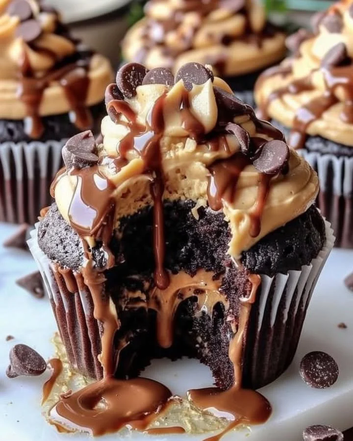 Delicious gooey peanut butter lava cupcakes with melted chocolate center