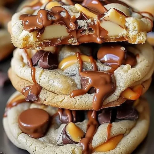 Gooey Reese's cheesecake cookies topped with chocolate and peanut butter