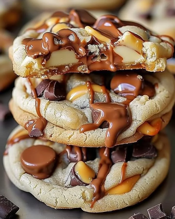 Gooey Reese's cheesecake cookies topped with chocolate and peanut butter