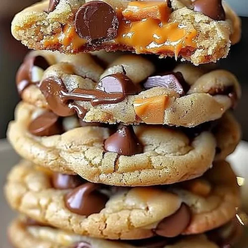 Delicious gooey Reese's cheesecake cookies with chocolate and cheesecake layers.