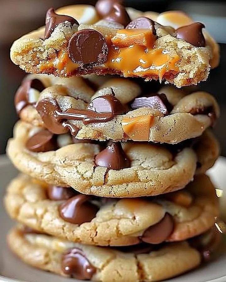 Delicious gooey Reese's cheesecake cookies with chocolate and cheesecake layers.