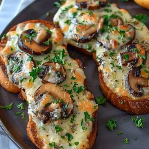 Gourmet cheesy mushroom and garlic toasts garnished and ready to serve