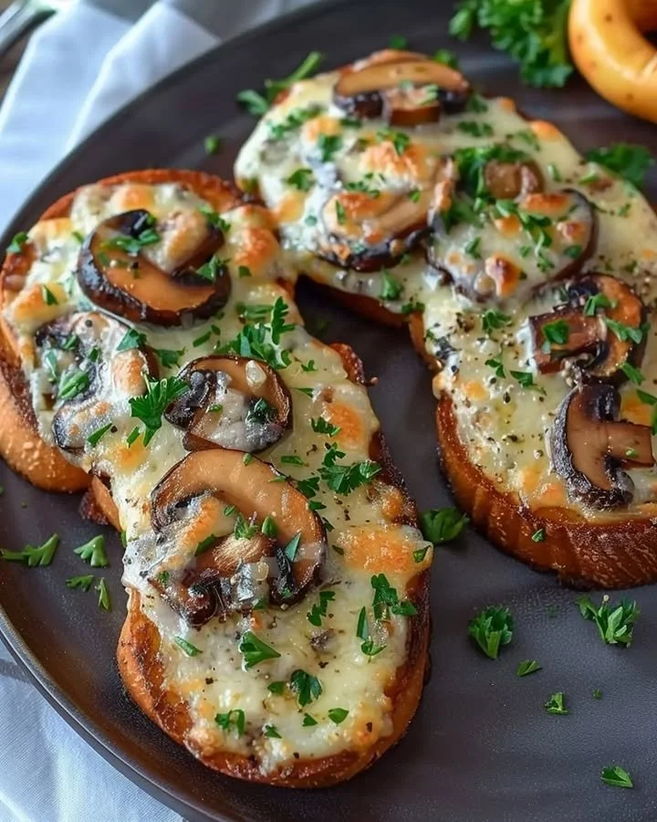 Gourmet cheesy mushroom and garlic toasts garnished and ready to serve