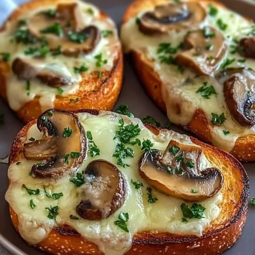 Gourmet cheesy mushroom and garlic toasts garnished and ready to serve