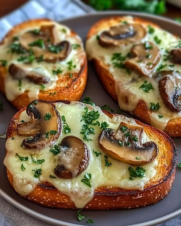 Gourmet cheesy mushroom and garlic toasts garnished and ready to serve