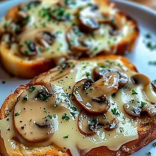 Gourmet cheesy mushroom and garlic toasts on a wooden platter