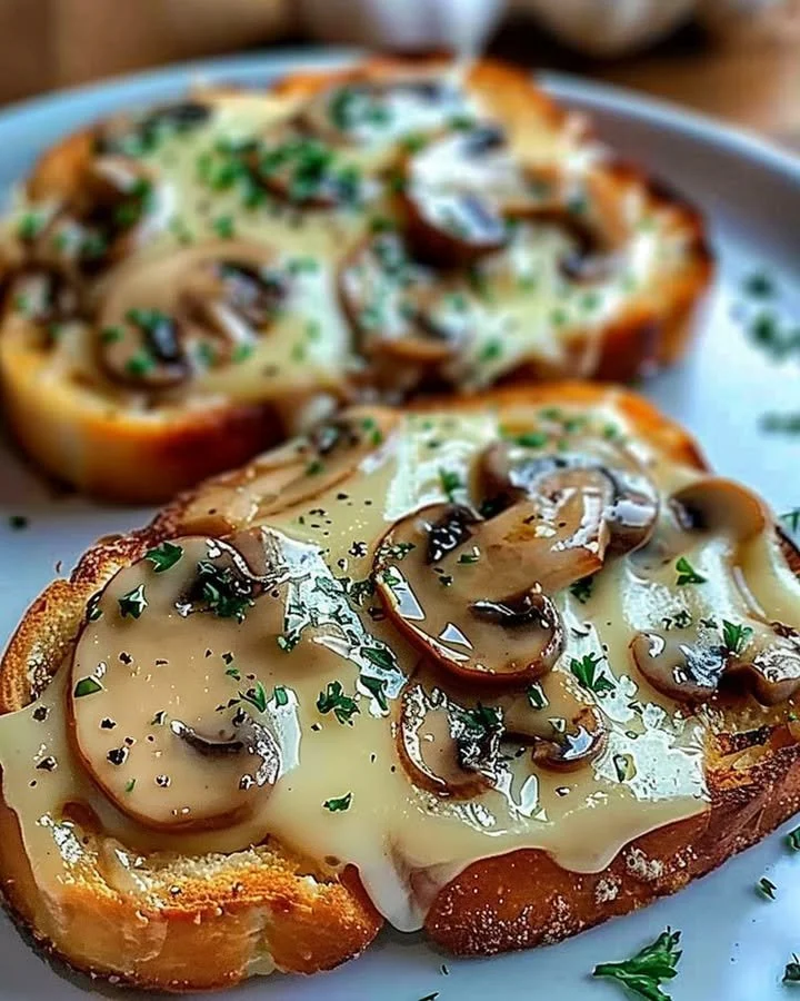 Gourmet cheesy mushroom and garlic toasts on a wooden platter
