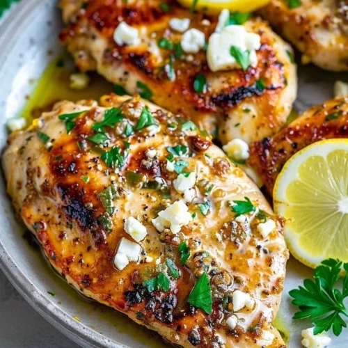 Delicious Greek Chicken with Lemon and Feta served on a plate