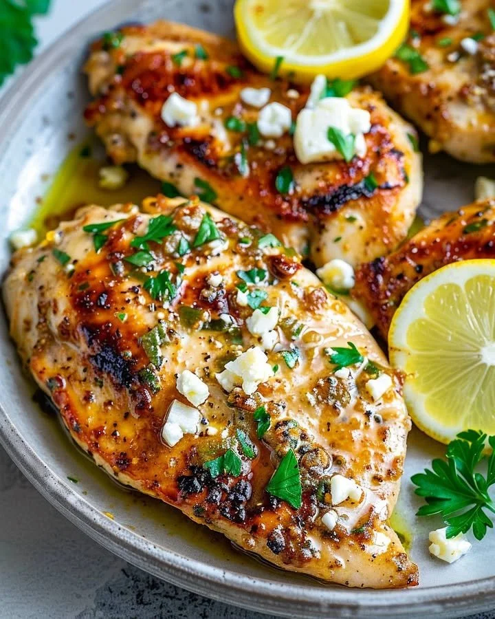 Delicious Greek Chicken with Lemon and Feta served on a plate
