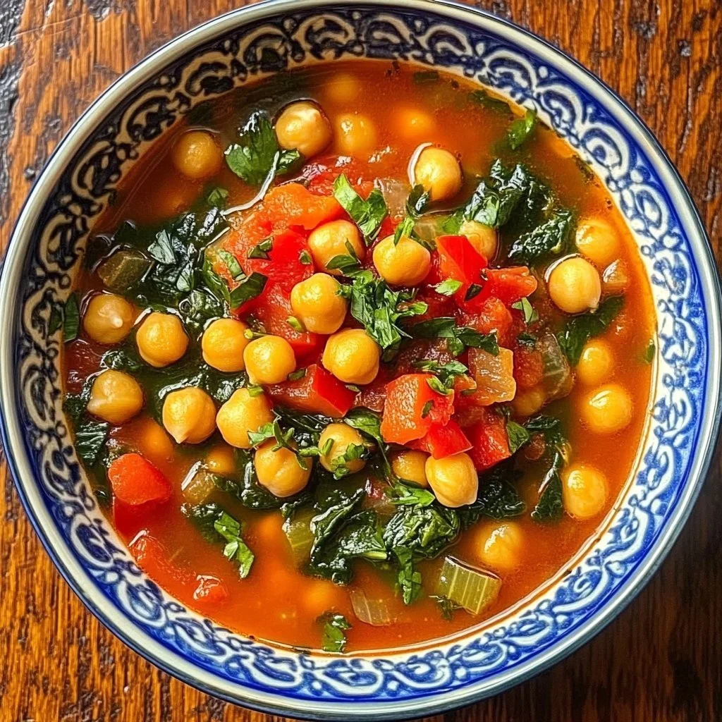 Bowl of delicious Greek Chickpea Soup garnished with parsley and lemon.