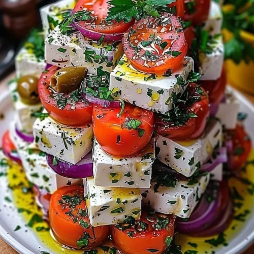 Layered Greek feta salad tower with fresh vegetables and olives