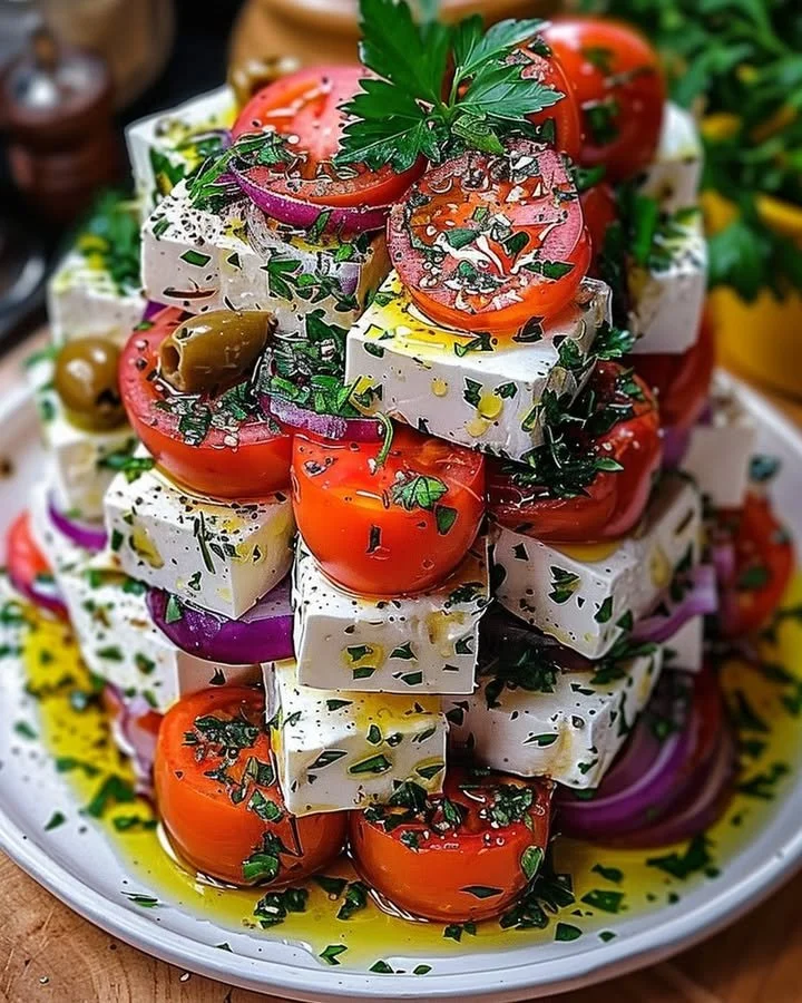 Layered Greek feta salad tower with fresh vegetables and olives