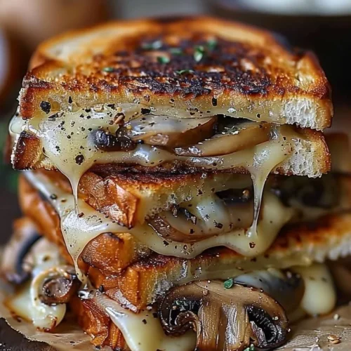 Gourmet grilled cheese sandwich with Gouda, roasted mushrooms, and caramelized onions.