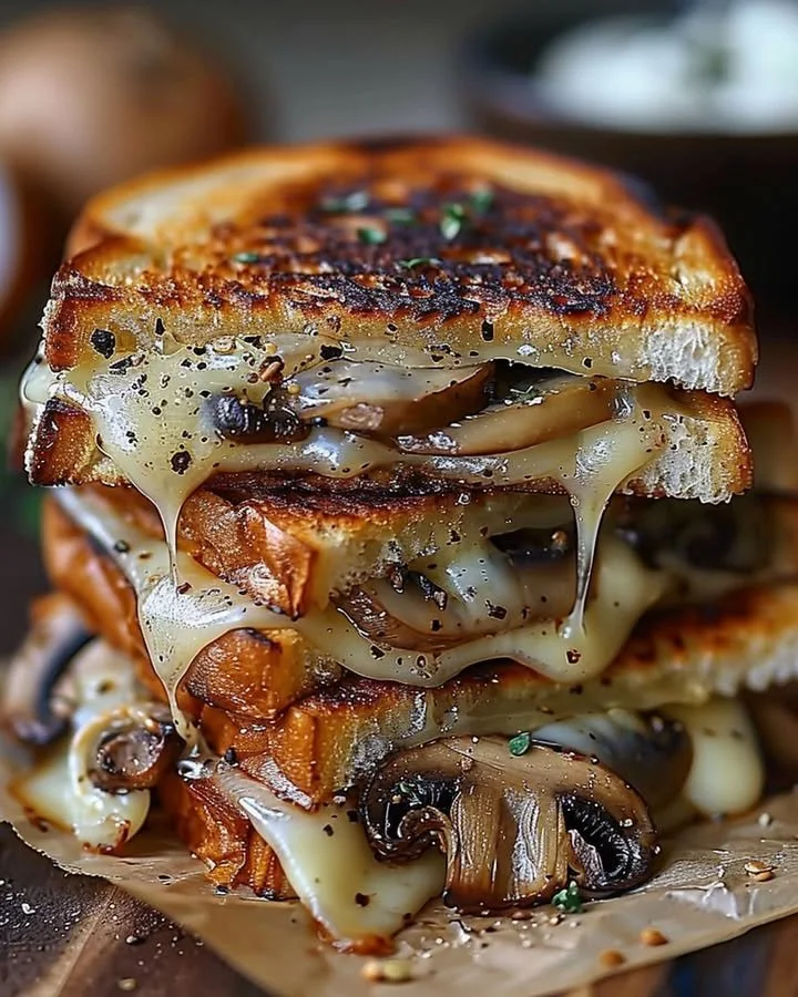 Gourmet grilled cheese sandwich with Gouda, roasted mushrooms, and caramelized onions.
