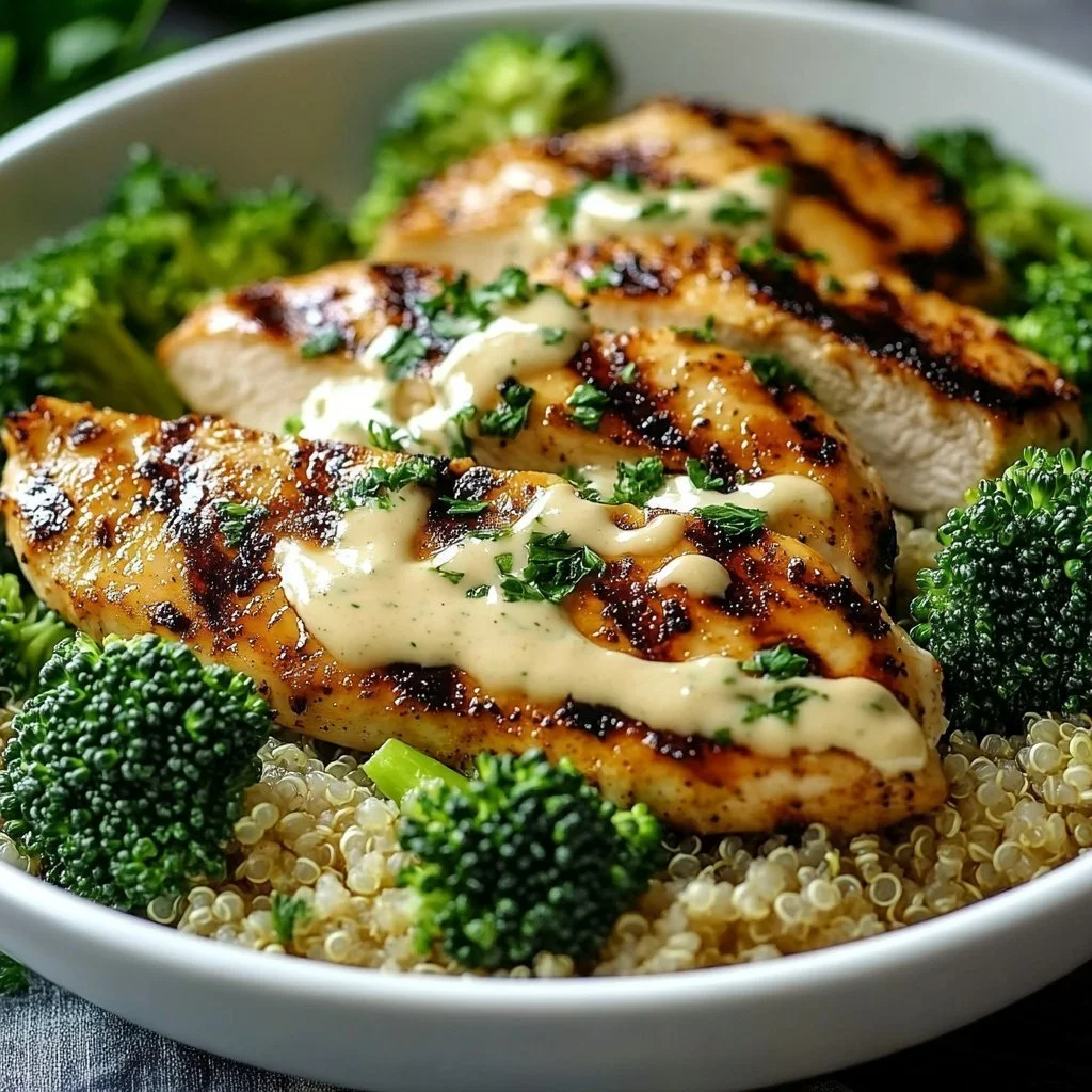 Healthy grilled chicken broccoli bowl with colorful veggies and a tasty sauce.