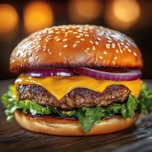 Grilled onion ring burger topped with crispy onion rings