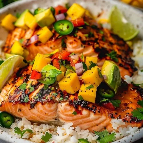 Grilled salmon fillet topped with vibrant mango salsa