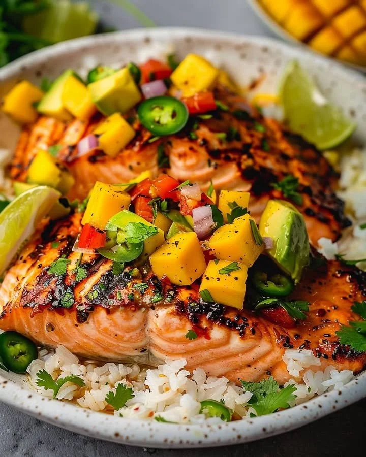 Grilled salmon fillet topped with vibrant mango salsa
