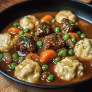 Savory ground beef and dumplings served in a bowl, garnished with fresh herbs.