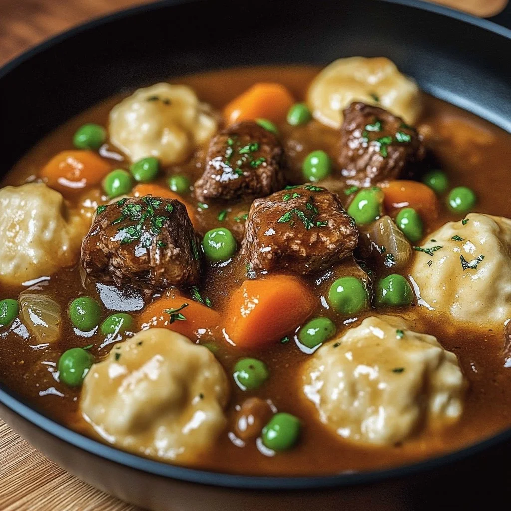 Savory ground beef and dumplings served in a bowl, garnished with fresh herbs.