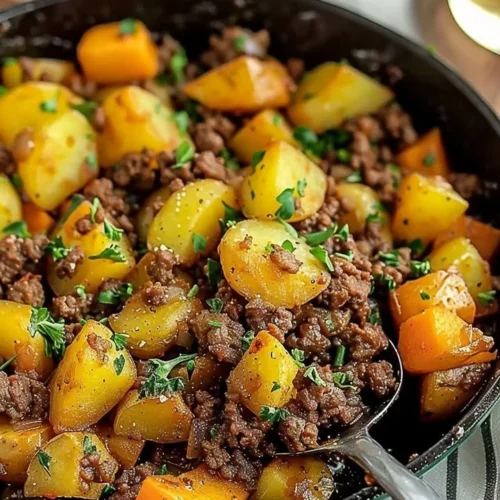 Savory dish of ground beef and potatoes served in a skillet