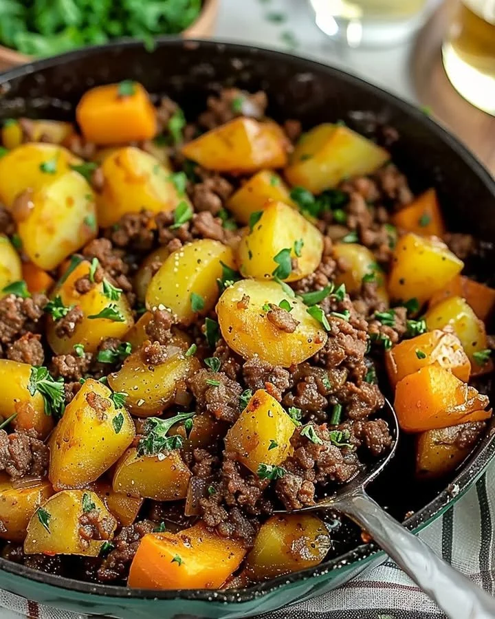 Savory dish of ground beef and potatoes served in a skillet