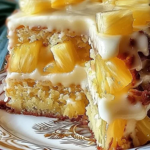 Slice of moist Hawaiian Pineapple Cake with pineapple slices and whipped cream