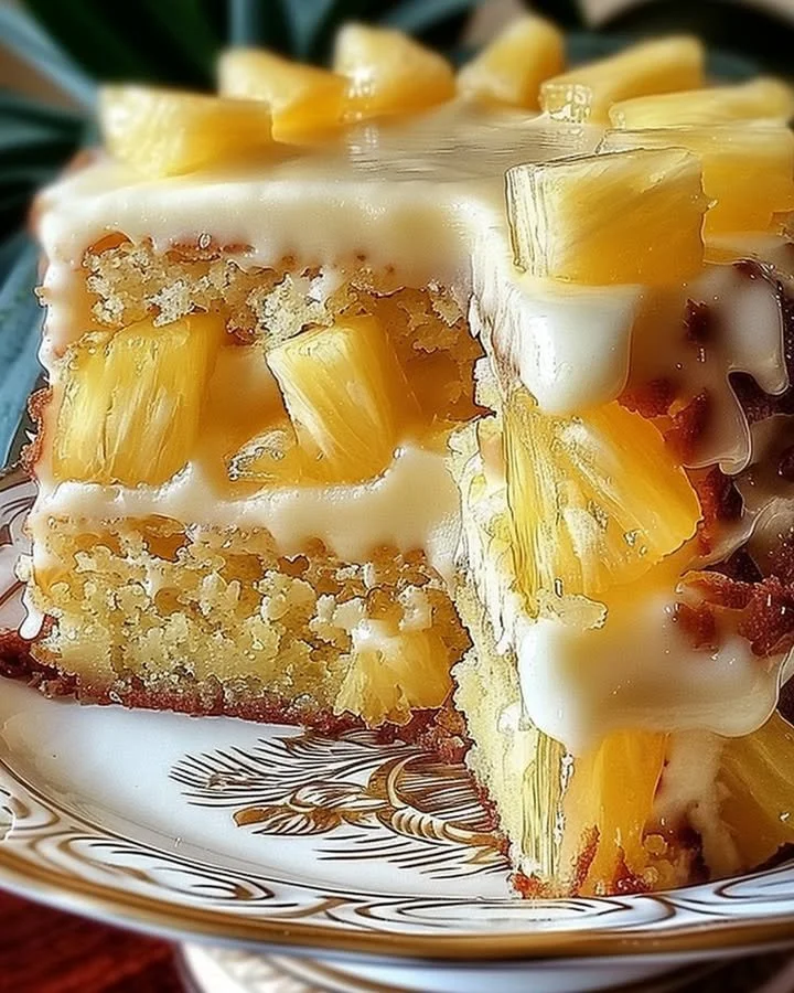 Slice of moist Hawaiian Pineapple Cake with pineapple slices and whipped cream