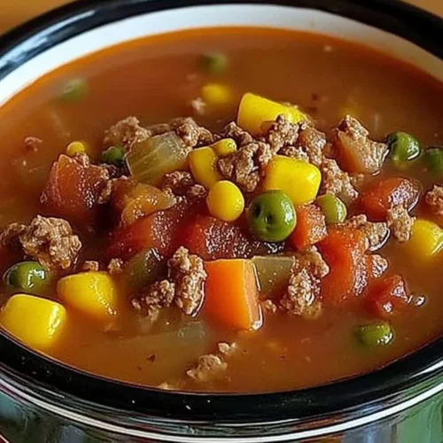 Delicious Heart Crock Pot Cowboy Soup simmering in a bowl